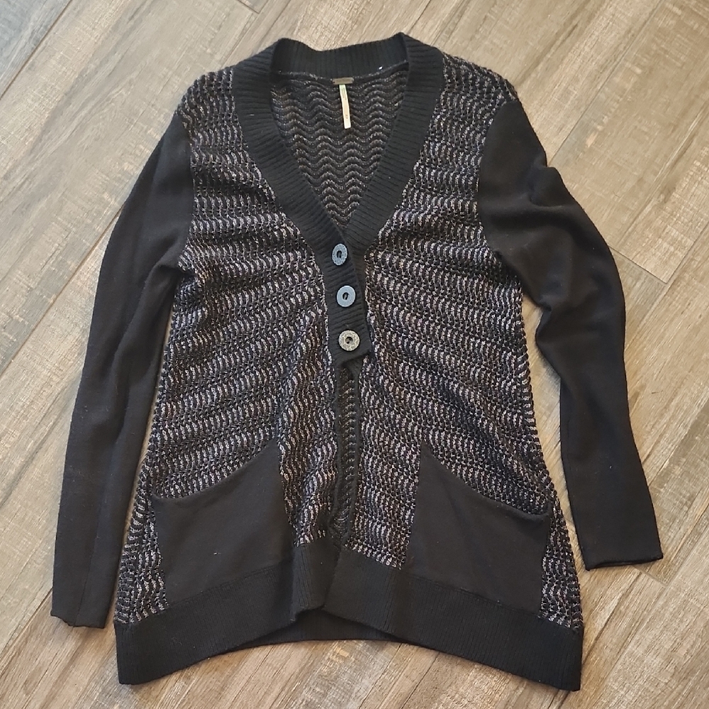 Free People Willow Caroline Cardigan Women M Black Metallic Wool Angora Blend